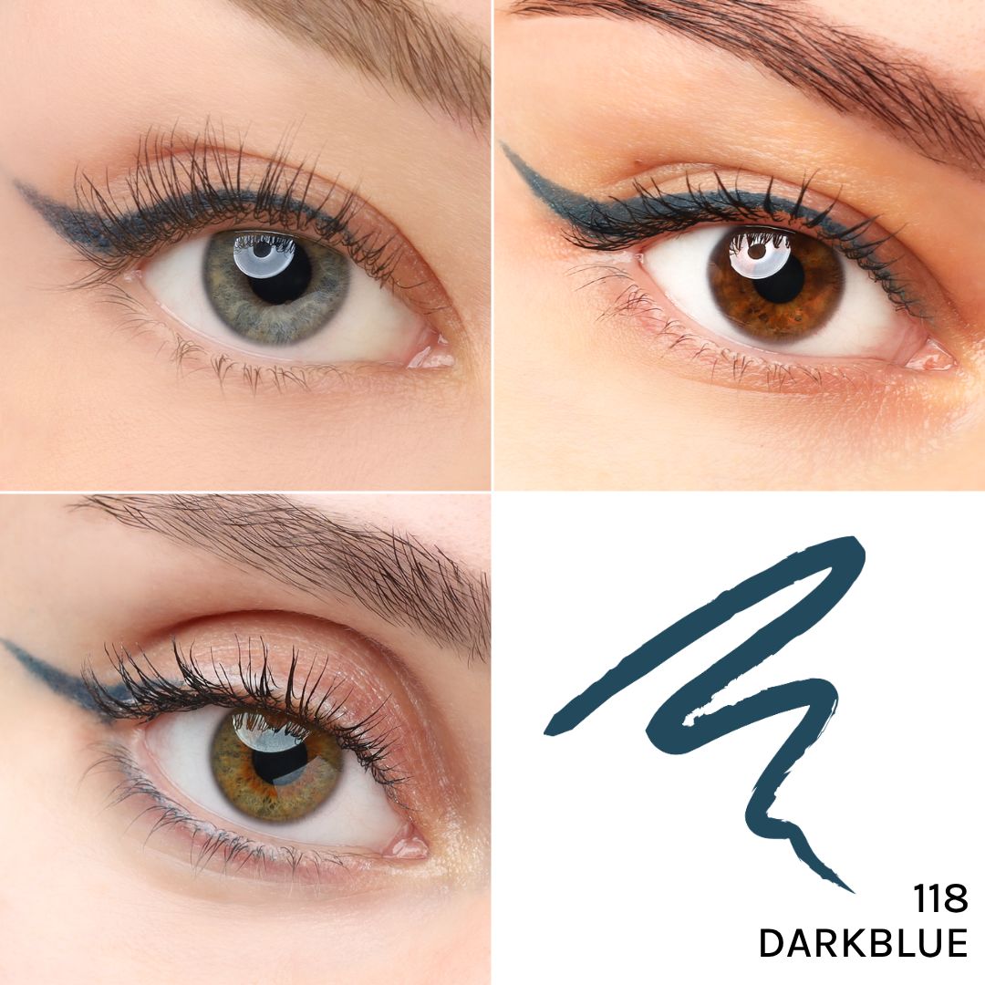 Vier Augen mit dunkelblauem Kajal-Eyeliner. Ein Strich des Eyeliners und die Bezeichnung "118 DARKBLUE".