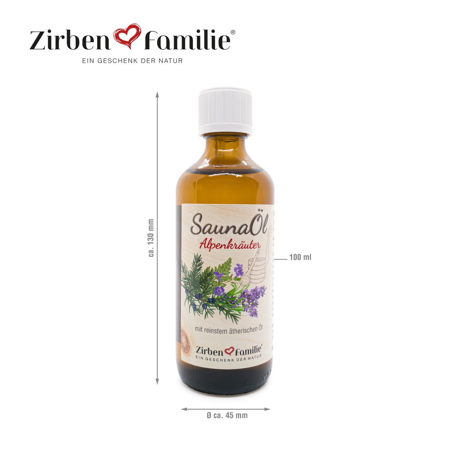 Braune Glasflasche mit weißem Deckel. Etikett mit Produktname und Illustration. Maße: ca. 130 mm hoch, 45 mm breit.