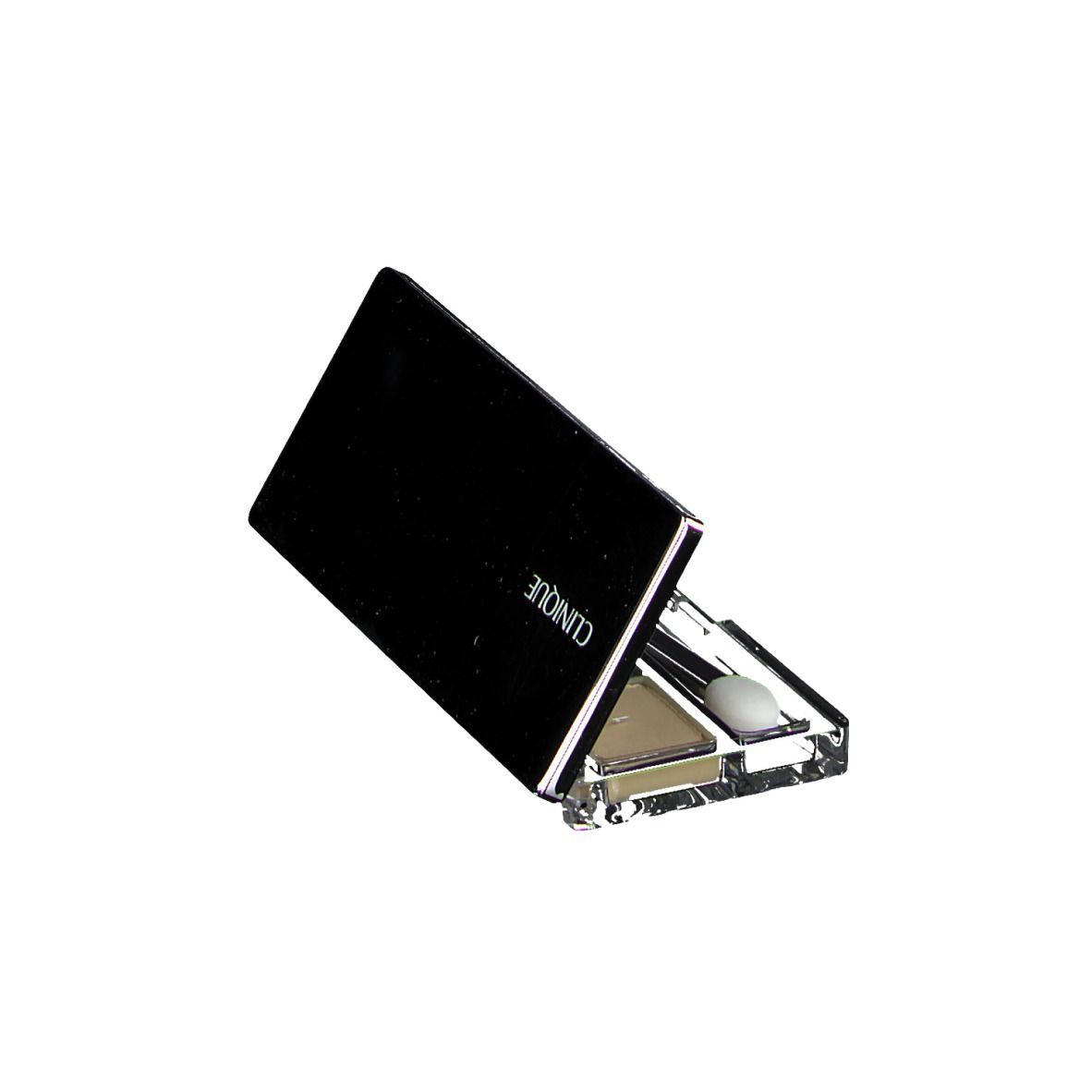 Lidschatten-Palette mit vier Farbtönen. Schwarzer Deckel mit Aufschrift: CLINIQUE.