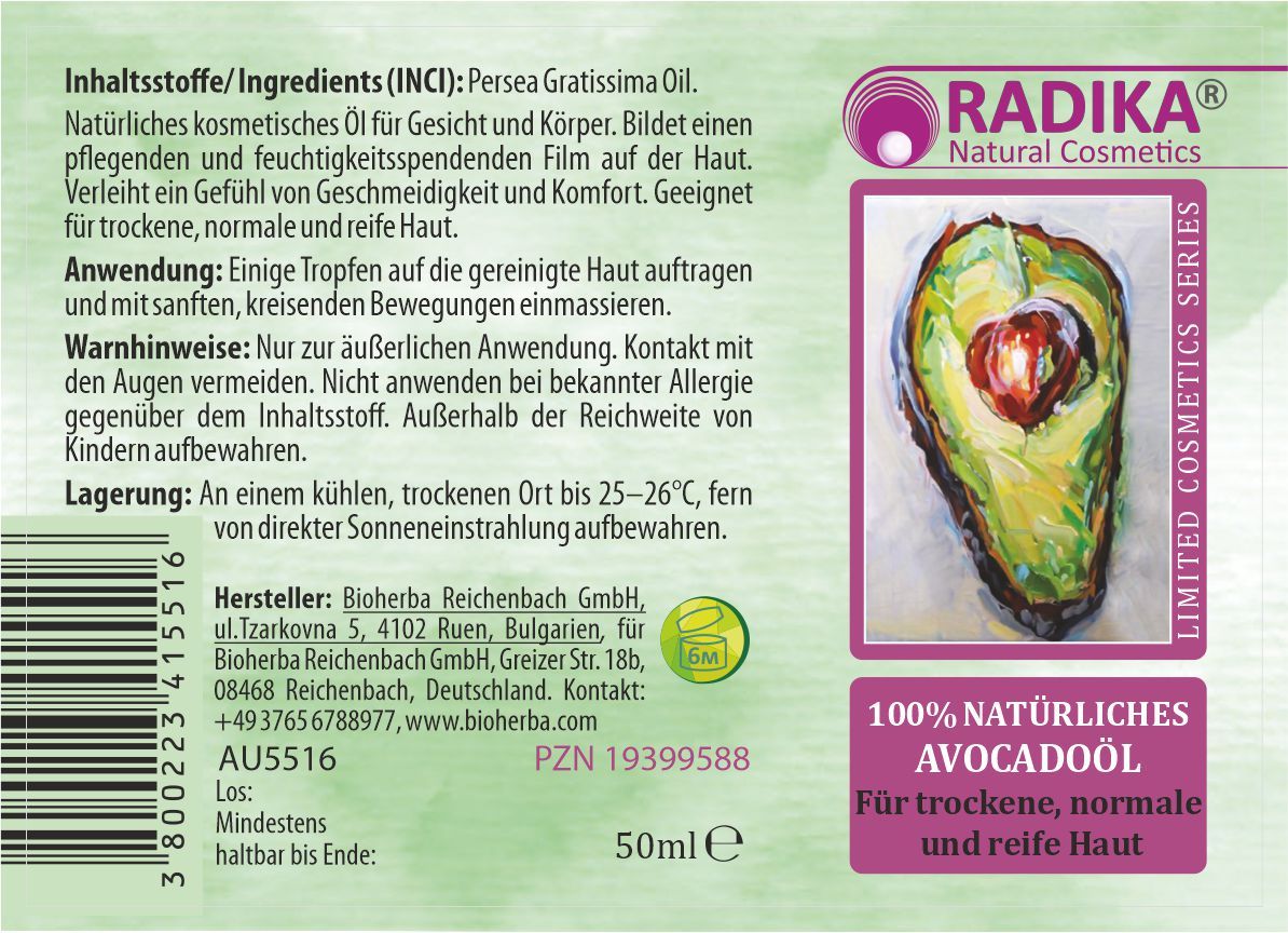 Etikett mit Avocado-Illustration und Text: 100% NATÜRLICHES AVOCADOÖL. Enthält Text in deutscher Sprache. Marke: Radika. Flascheninhalt: 50ml.
