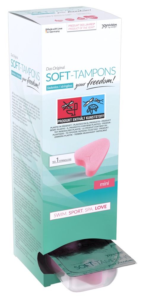 Verpackung von Soft-Tampons mini. Rosa Tampon neben der Verpackung. Text: SWIM SPORT SPA LOVE.