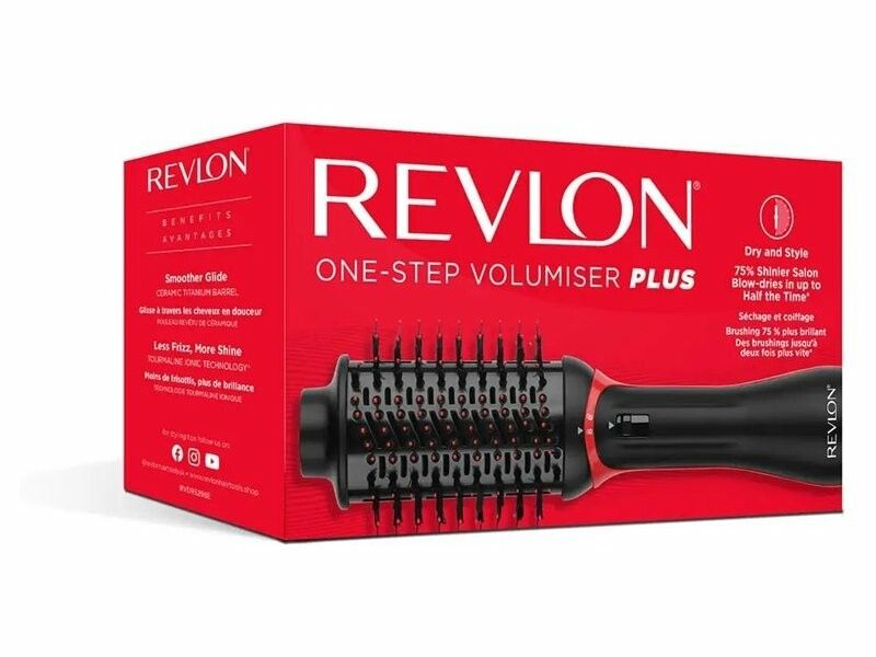 Verpackung der Warmluftbürste. Rote Box mit Produktabbildung und Text. Revlon One-Step Volumiser Plus.