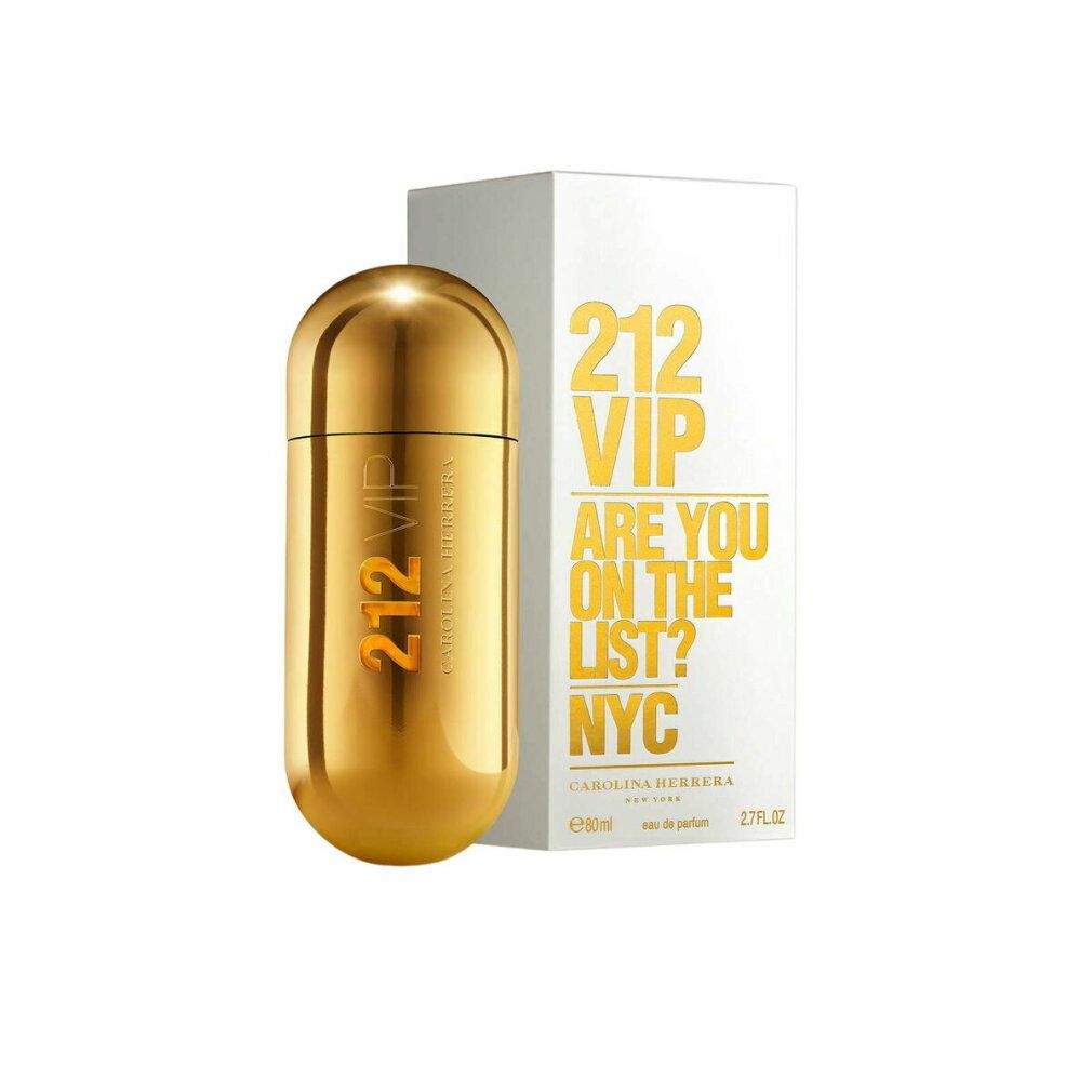 Goldfarbener Flakon und Verpackung. Aufschrift: 212 VIP, ARE YOU ON THE LIST? NYC. Eau de Parfum.
