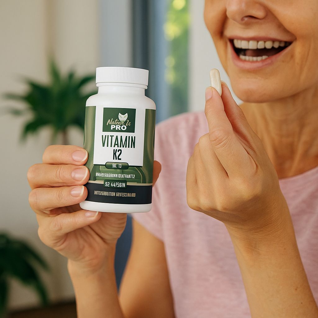 Frau hält eine weiße Flasche mit "Natural Pro Vitamin K2". Sie hält eine Kapsel in der Hand.