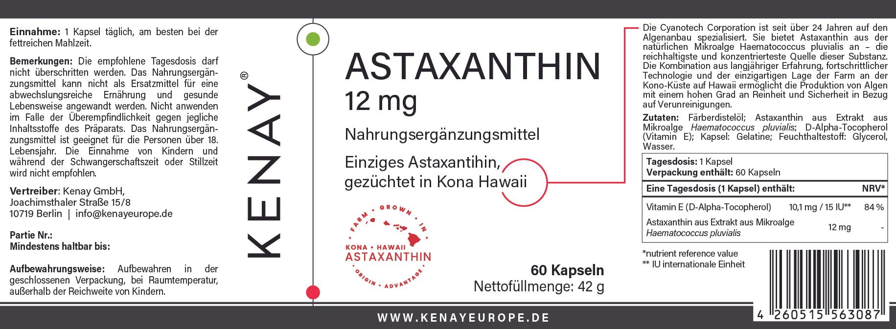 Astaxanthin 12mg Nahrungsergänzungsmittel. Braune Glasflasche mit weißem Etikett. 60 Kapseln. KENAY®-Logo.