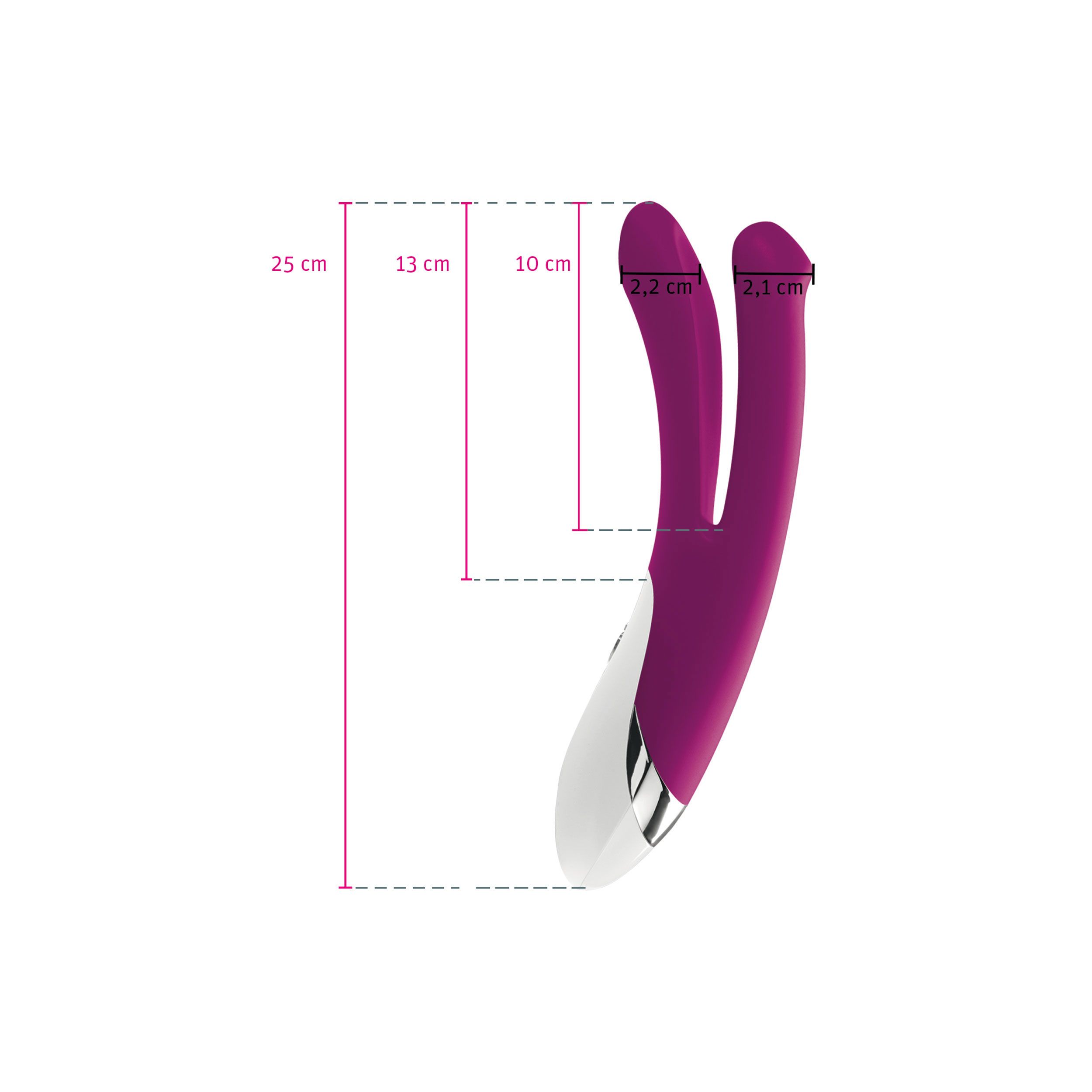 Vibrator mit zwei Armen. Maße: 25 cm hoch, 13 cm breit, 10 cm Armlänge, 2,2 cm Armbreite.