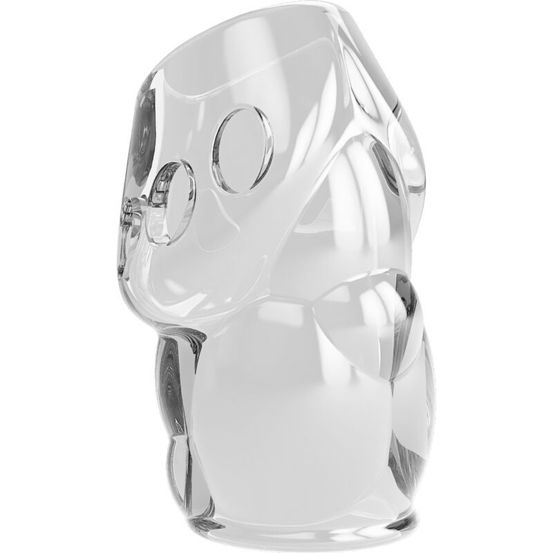 Transparentes Produkt mit Löchern. Geformt für den Intimbereich. Aus klarem Material.