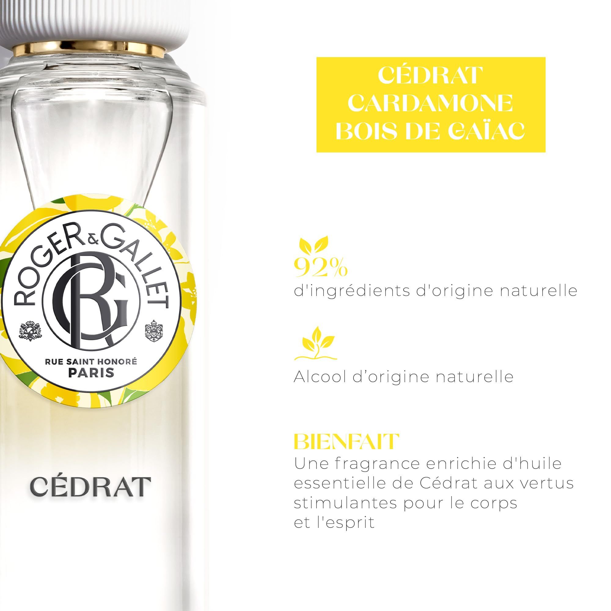 Nahaufnahme Flakon Cédrat. Text: Cédrat, Cardamom, Bois de Gaiac. 92% natürliche Inhaltsstoffe. Alkohol natürlichen Ursprungs.