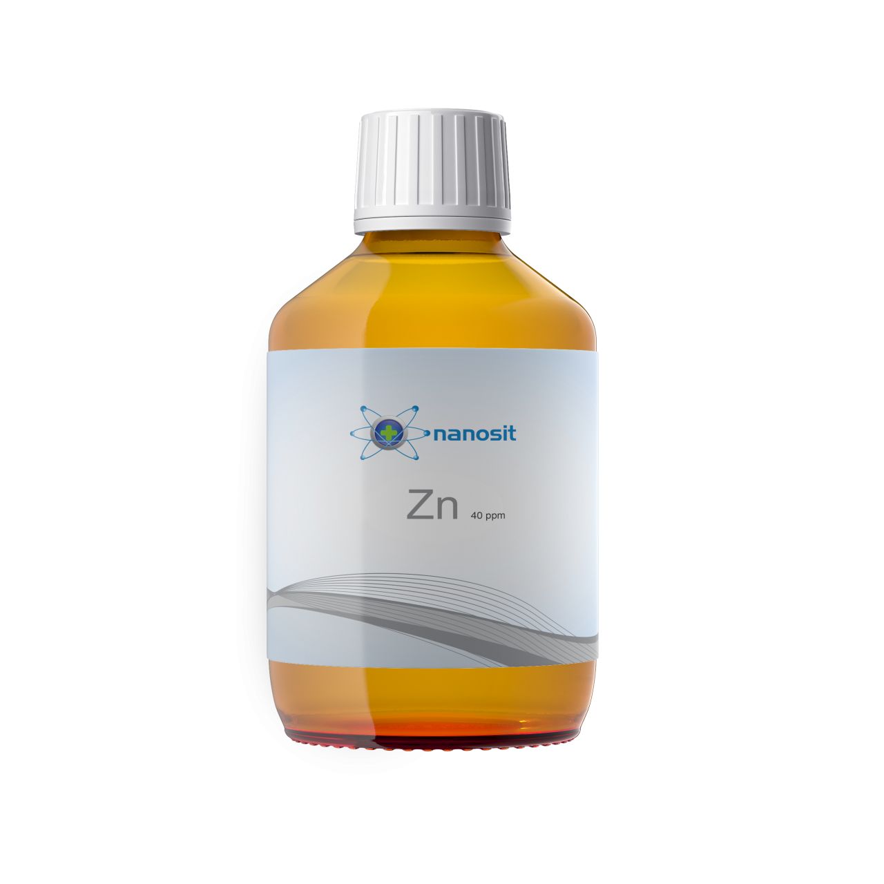 Braune Glasflasche mit weißem Deckel. Etikett mit Logo, Schriftzug "nanosit" und "Zn 40 ppm".