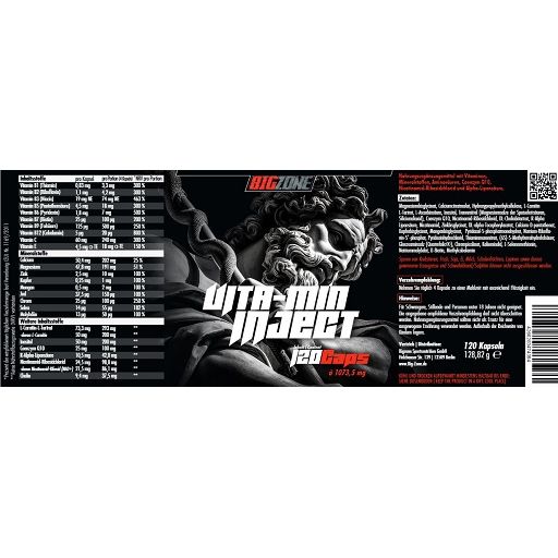Schwarze Produktverpackung mit weißen Texten. Aufdruck: "BIGZONE" und "VITA-MIN INJECT". Enthält Nährwertangaben und Zutaten.