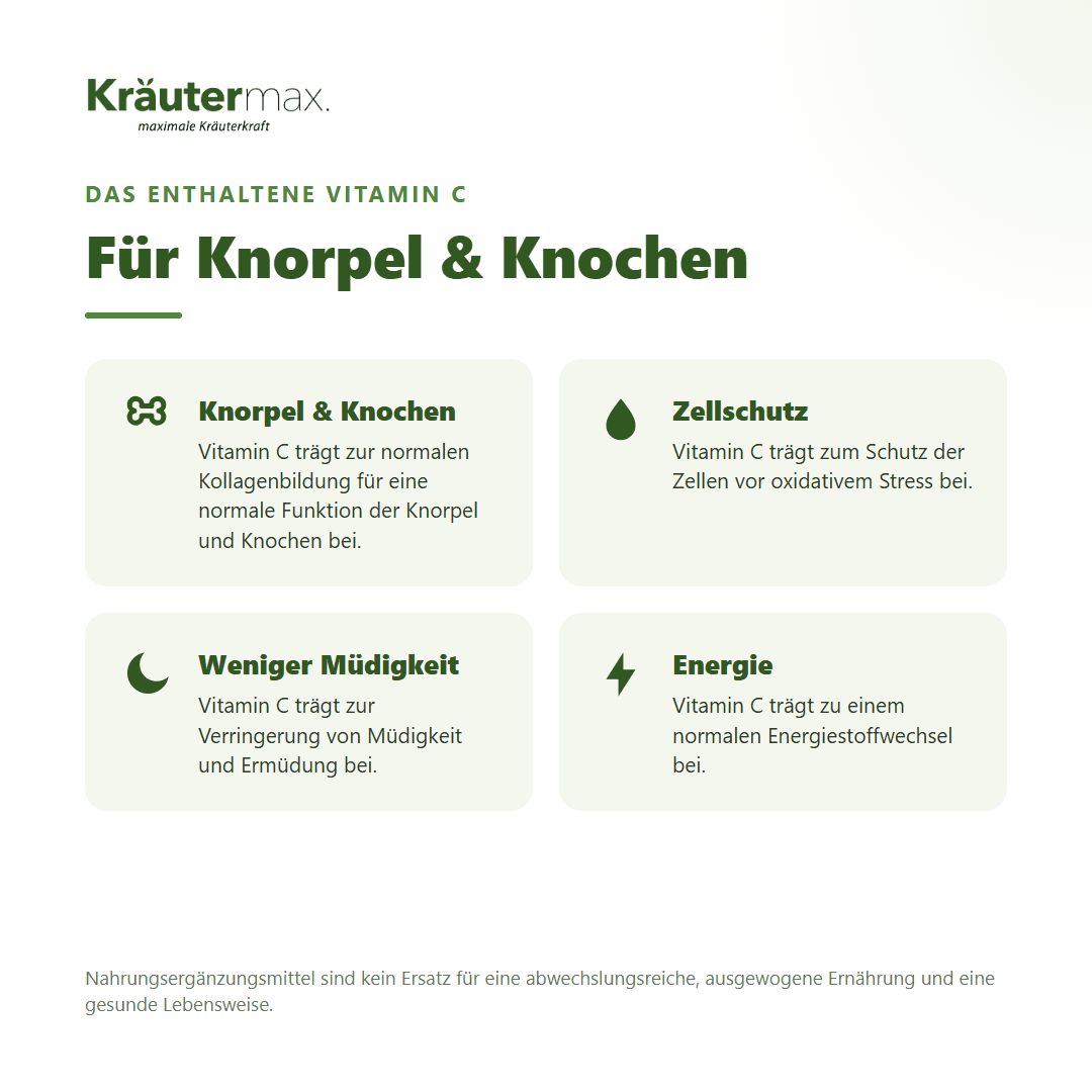 Informationen über Vitamin C für Knorpel & Knochen, Zellschutz, weniger Müdigkeit, Energie.