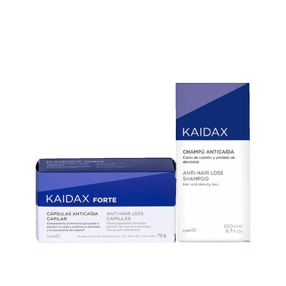 Zwei Produkte: Eine Schachtel mit Kapseln und eine Flasche Shampoo. Beide Produkte tragen die Marke KAIDAX und sind gegen Haarausfall.