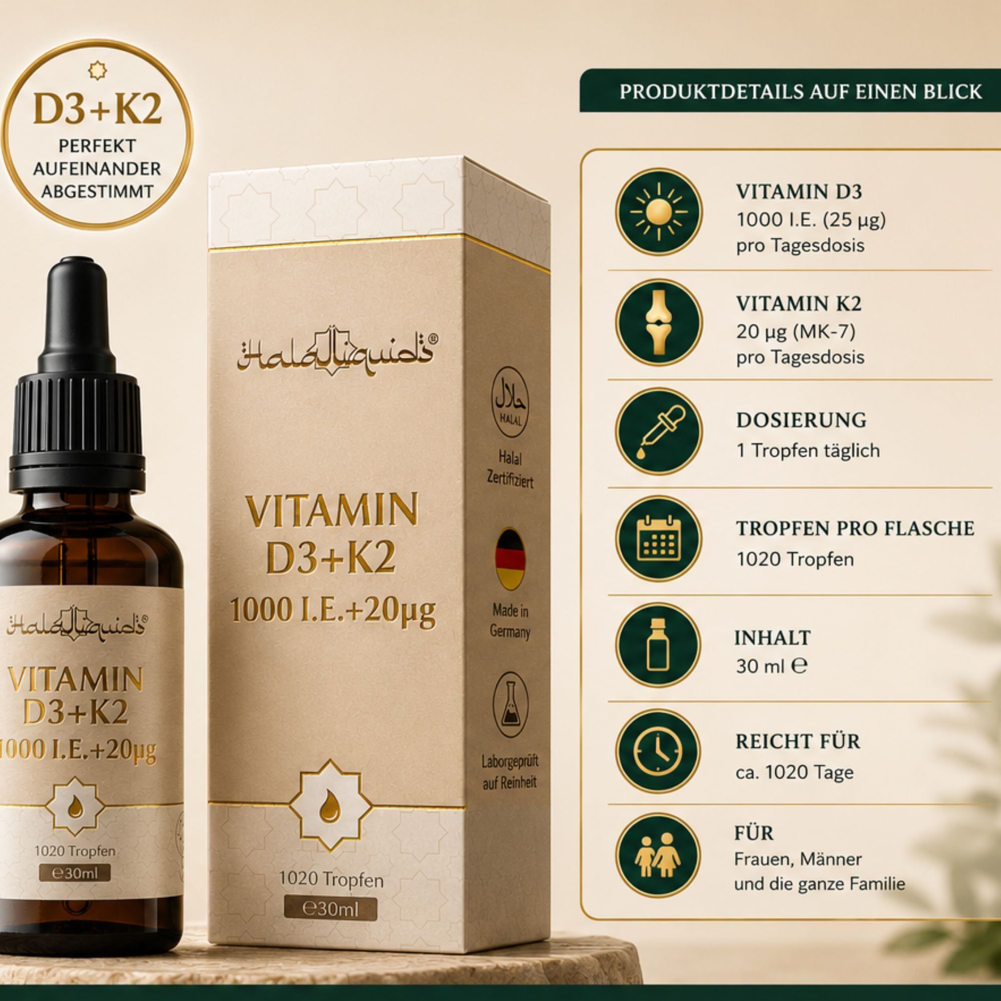 Produktübersicht Vitamin D3+K2: Dosierung, Tropfen pro Flasche, Inhalt, Reichweite, Zielgruppe.