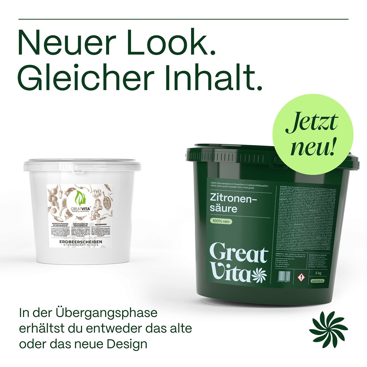 Vergleich von zwei Eimern: alter und neuer Look. Zitronensäure, Great Vita Logo. Jetzt neu!