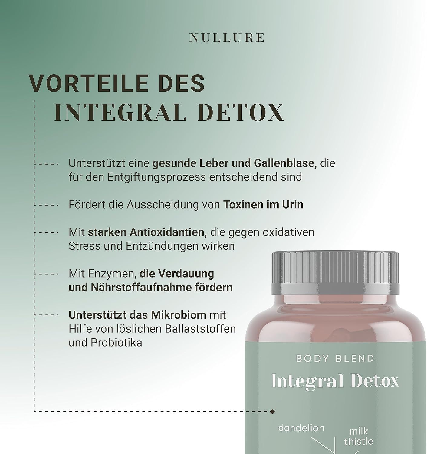 Nahaufnahme einer braunen Flasche mit grünem Etikett. Text: Vorteile des Integral Detox. Unterstützt Leber, fördert Ausscheidung, Antioxidantien.