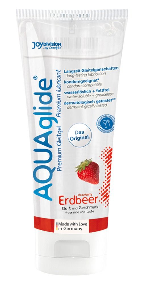 AQUAglide Premium Tube mit Erdbeer-Logo, Text. Transparentes Gel. Made in Germany.