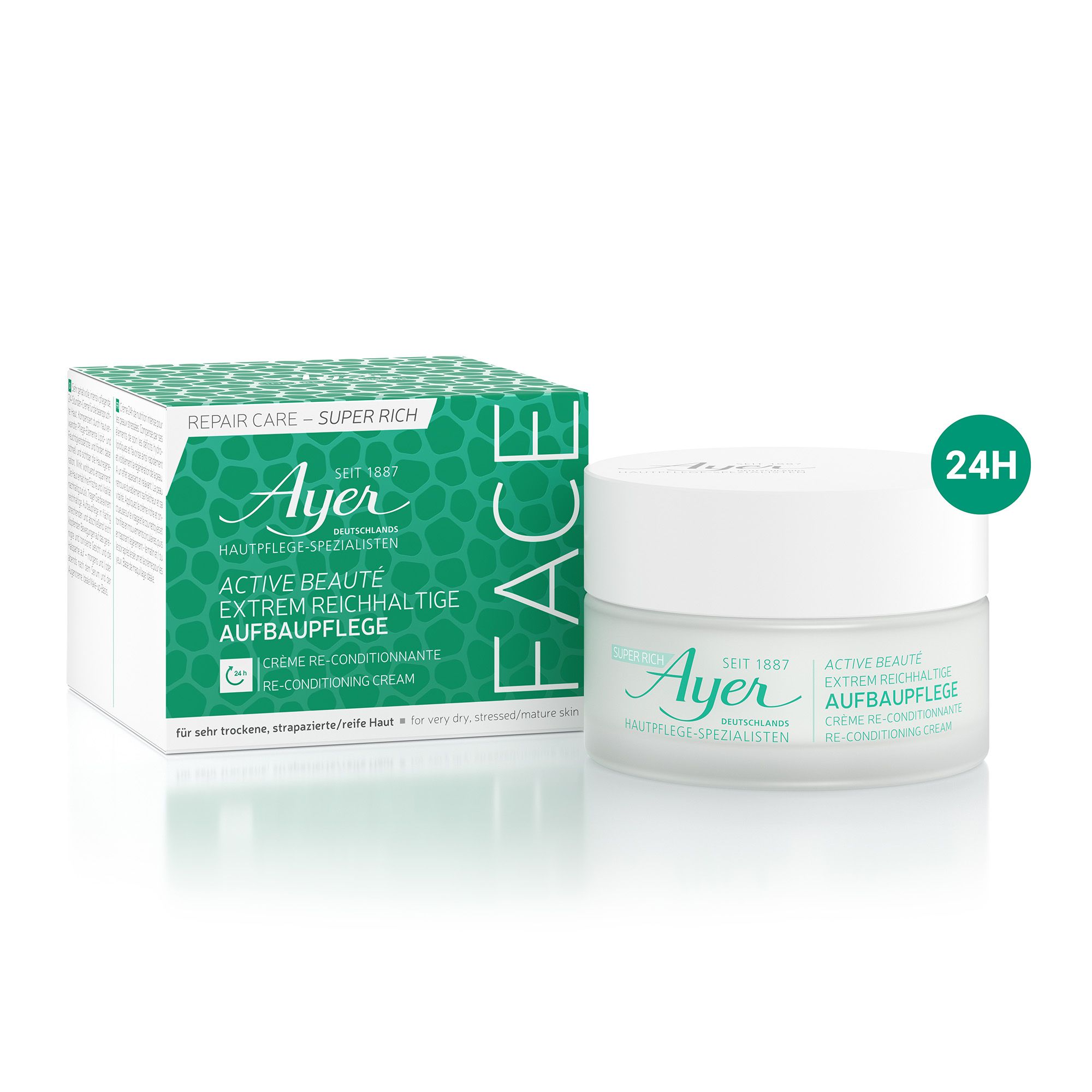 Creme-Tiegel und Schachtel. Aufschrift: Ayer, Active Beauté, Reconditioning Cream. Grün-weiße Verpackung.