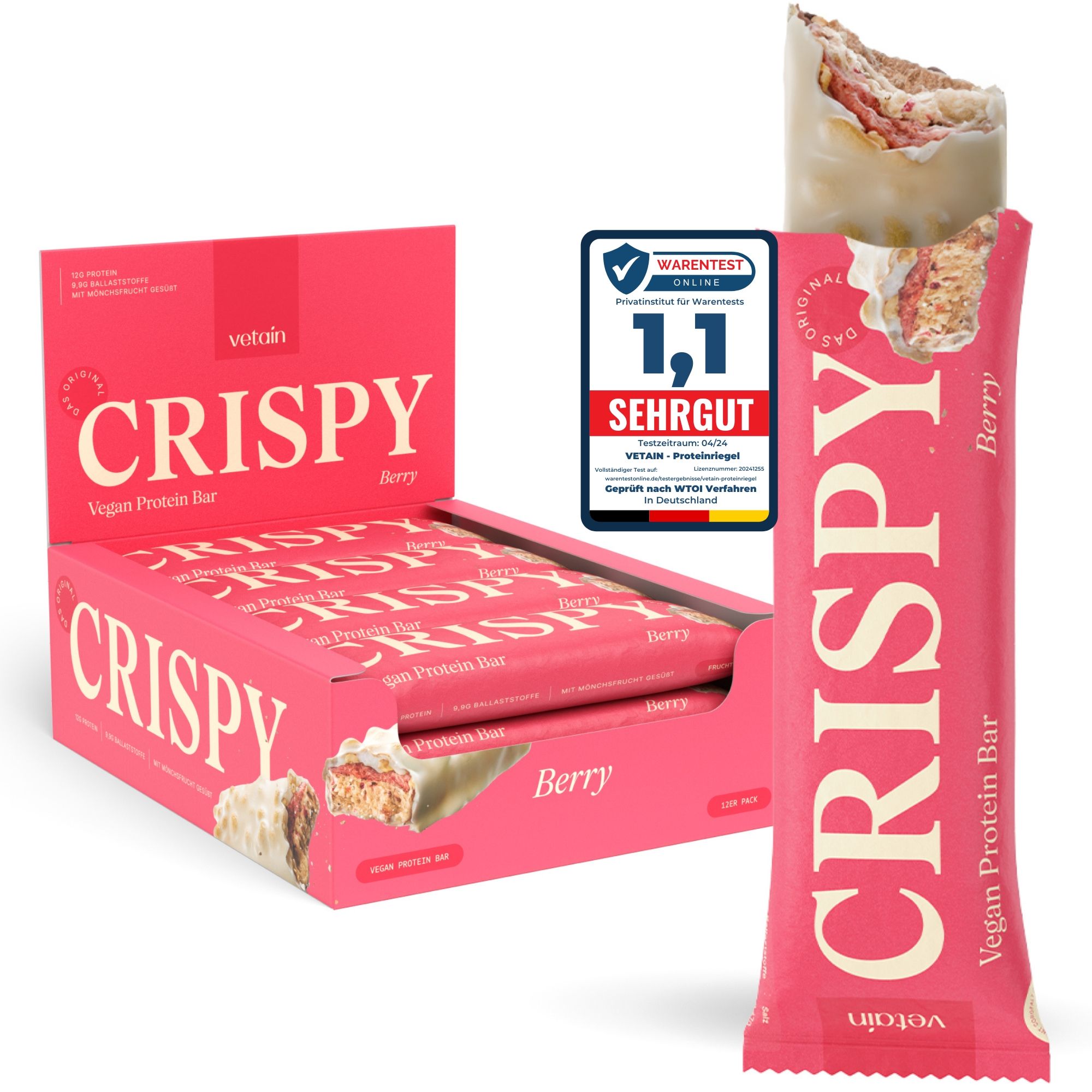 Rosa Verpackung mit Proteinriegeln. Geöffnete Riegel zeigt Füllung. Aufdruck: CRISPY, Vegan Protein Bar, Berry. Auszeichnung: Sehr gut.