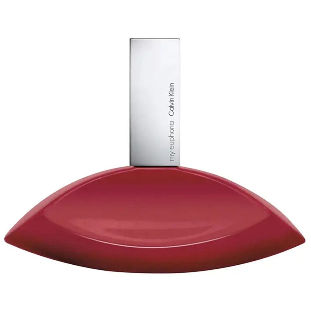 Roter Flakon mit silbernem Verschluss. Aufschrift: my euphoria Calvin Klein.