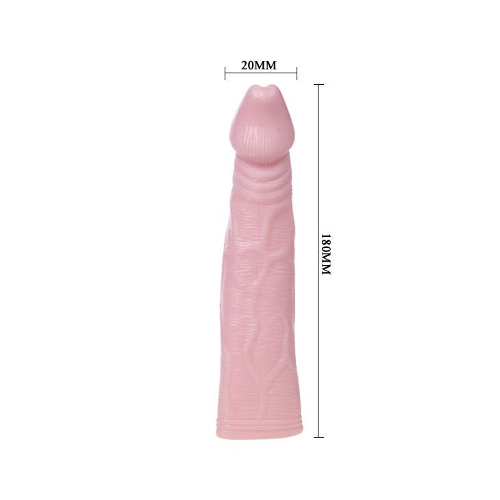 Rosa Penis-Extension mit Maßen: 180mm Länge, 20mm Breite.