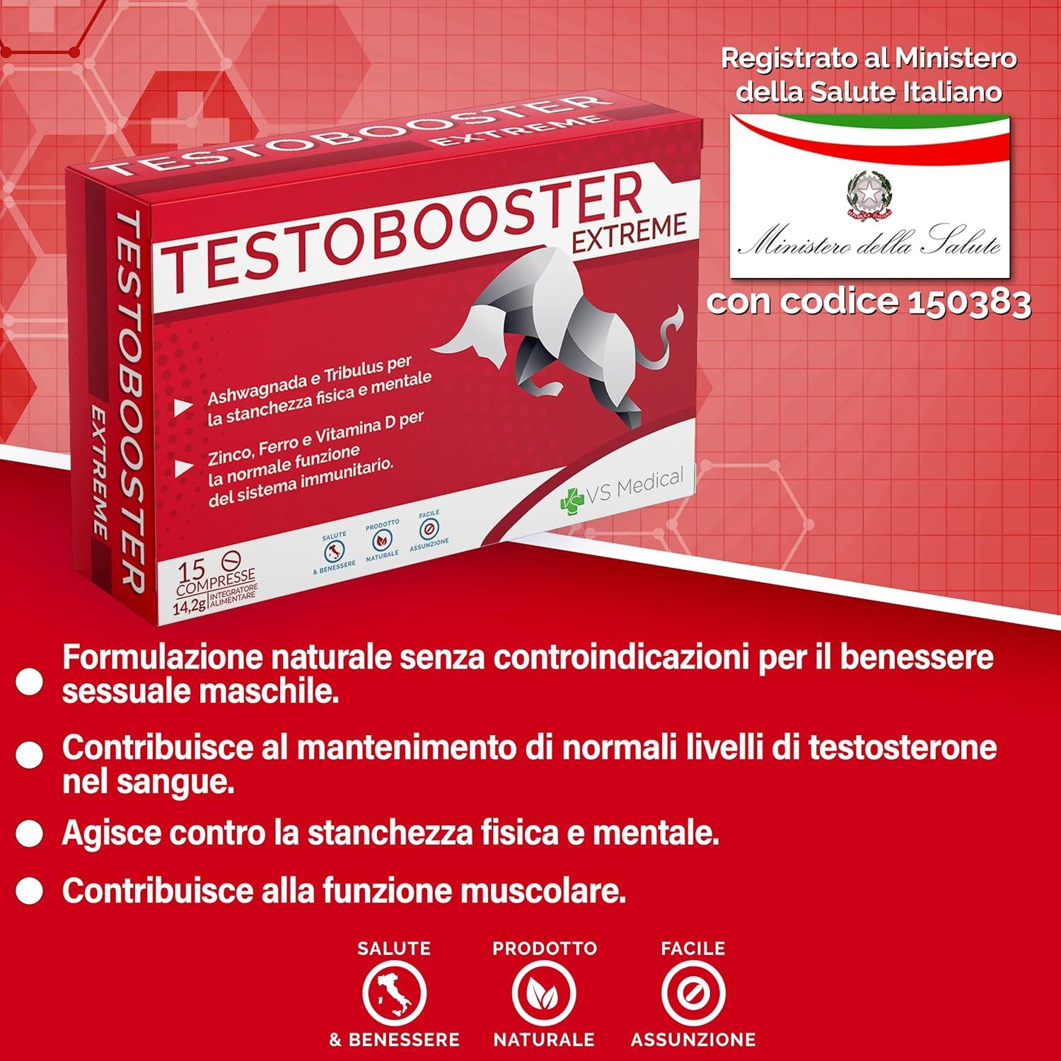 Rote Produktverpackung mit Text: Testobooster Extreme, 15 Tabletten. Ministero della Salute-Siegel. Produktinformationen.