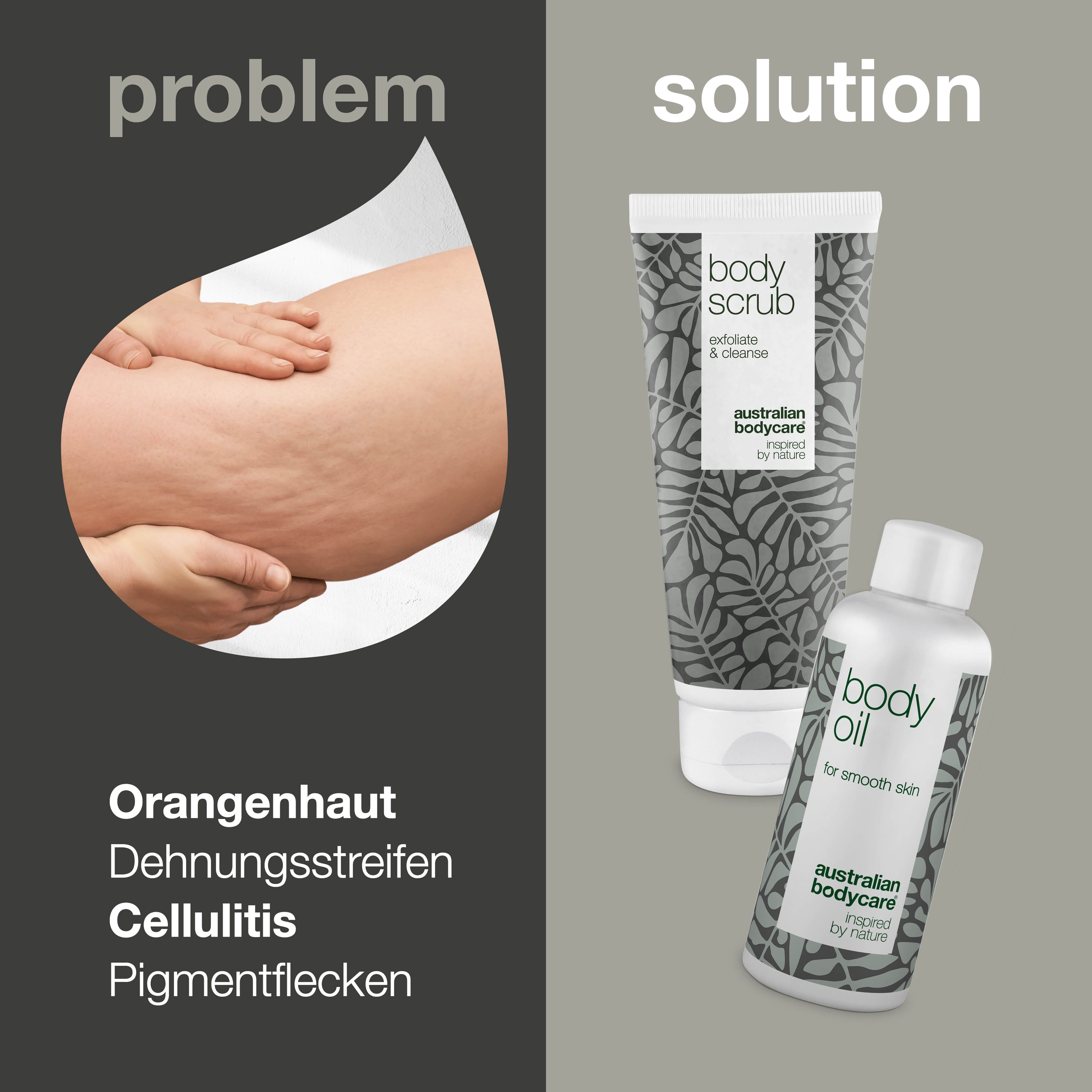 Problem: Orangenhaut, Dehnungsstreifen, Cellulite, Pigmentflecken. Lösung: Body Scrub und Body Oil.