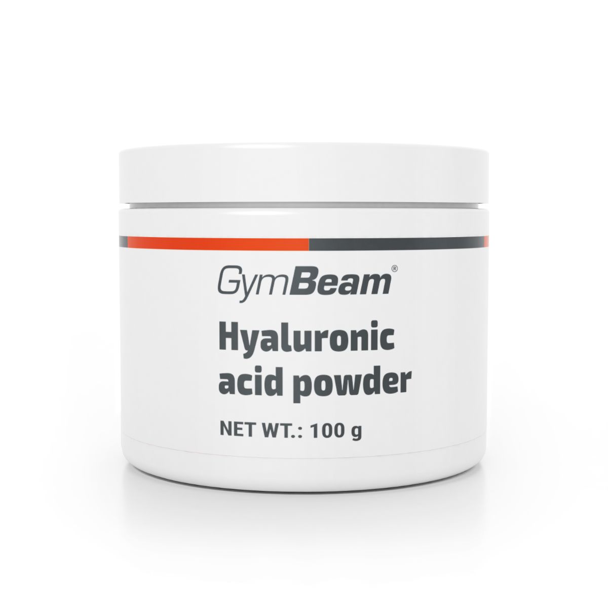 GymBeam Hyaluronsäure Pulver in weißem Behälter mit schwarzem und rotem Streifen. Netto 100g.