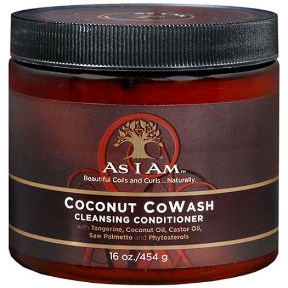 Braune Dose mit schwarzem Deckel. Aufschrift: As I Am Coconut CoWash Cleansing Conditioner. 16 oz./454 g.