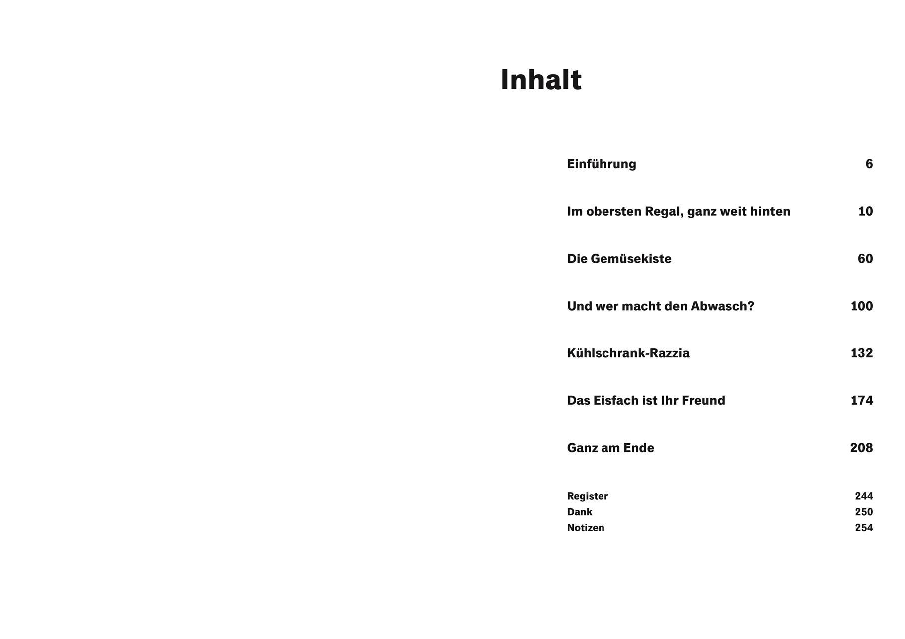 Inhaltsverzeichnis. Überschrift 'Inhalt'. Tabellarische Auflistung von Kapitelüberschriften und Seitenzahlen.