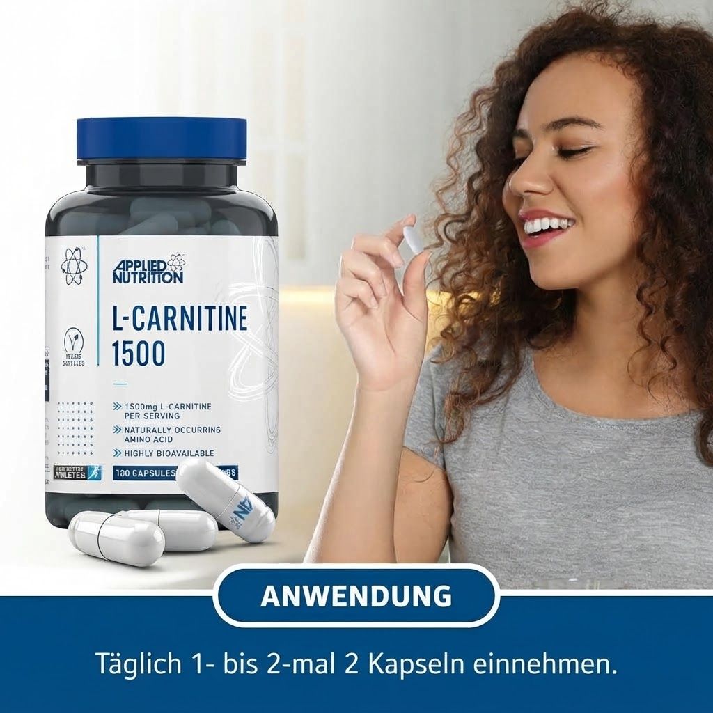 Flasche mit L-Carnitin Kapseln, 120 Stück, 1500mg pro Portion, vegan.