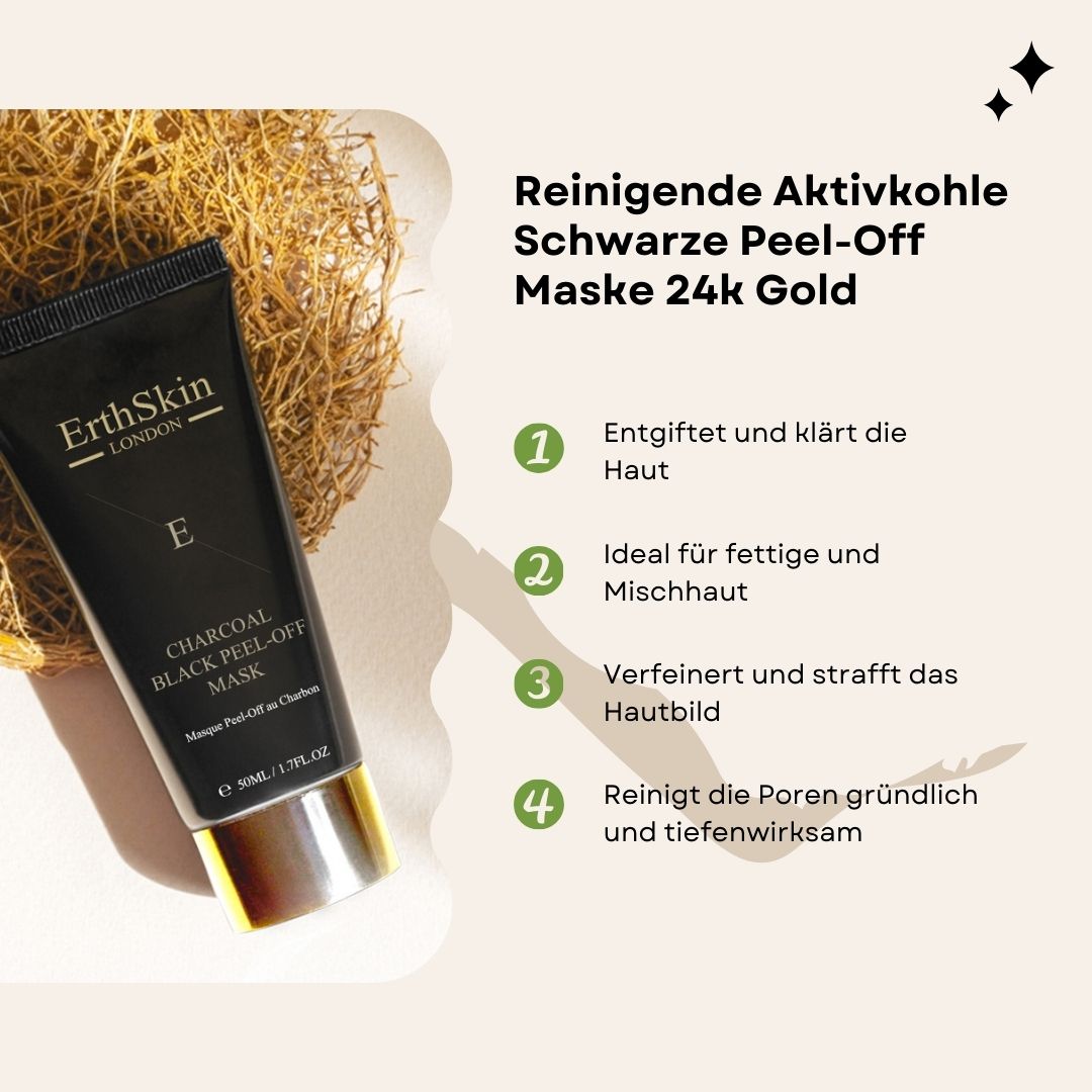 Schwarze Tube mit goldfarbenem Deckel und Schriftzug. ErthSkin London, Charcoal Black Peel-Off Mask. Aufzählungspunkte mit Produktvorteilen.