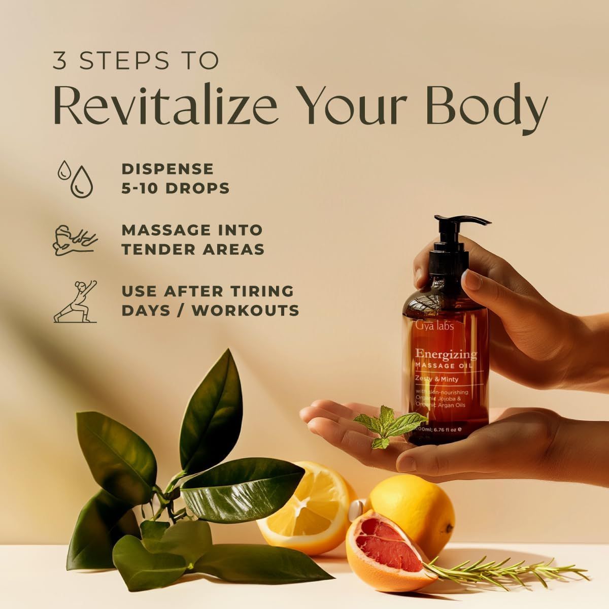 Hände halten eine Flasche Massageöl und Früchte. Text: 3 Schritte zur Revitalisierung des Körpers: 5-10 Tropfen, in empfindliche Bereiche einmassieren, nach dem Training.