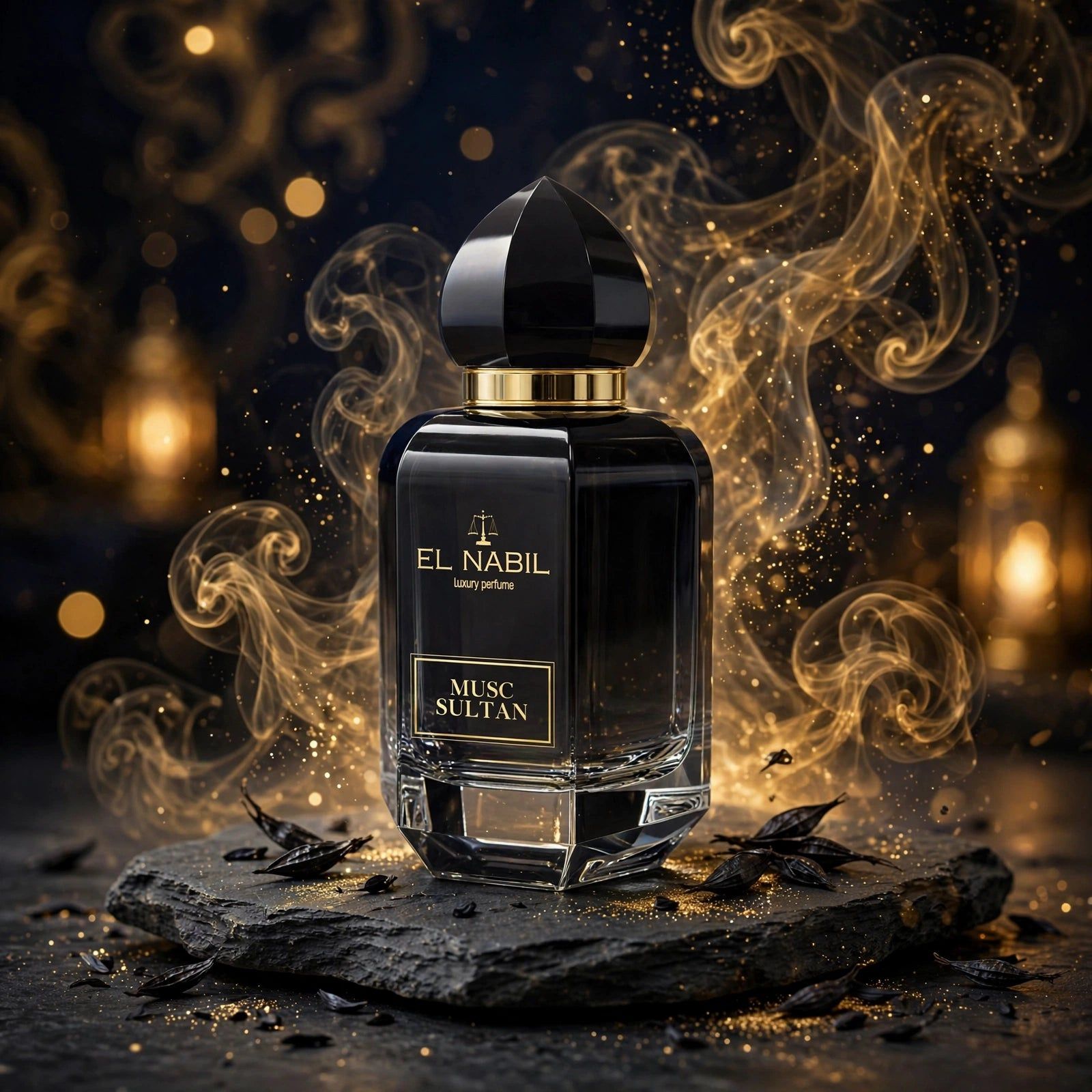 El Nabil Musc Night Parfumflakon, weiß, mit goldenem Ring und kuppelförmigem Verschluss.