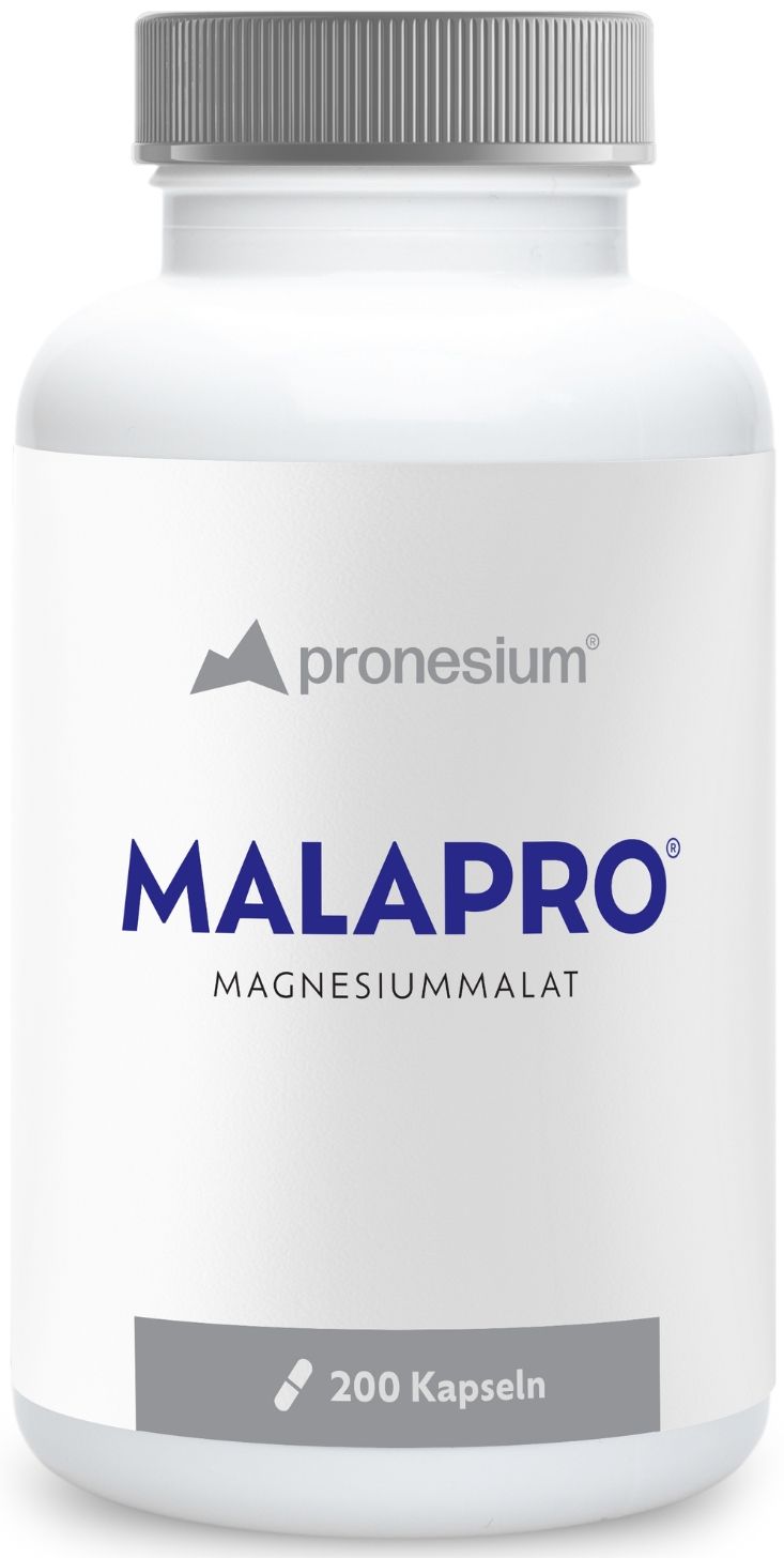 Weiße Flasche mit grauem Deckel. Aufschrift: pronesium, MALAPRO, Magnesiummalat, 200 Kapseln.