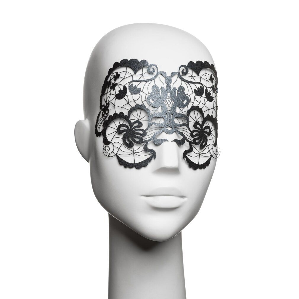 Schwarze Vinylmaske mit floralem Spitzenmuster auf einem weißen Schaufensterkopf.