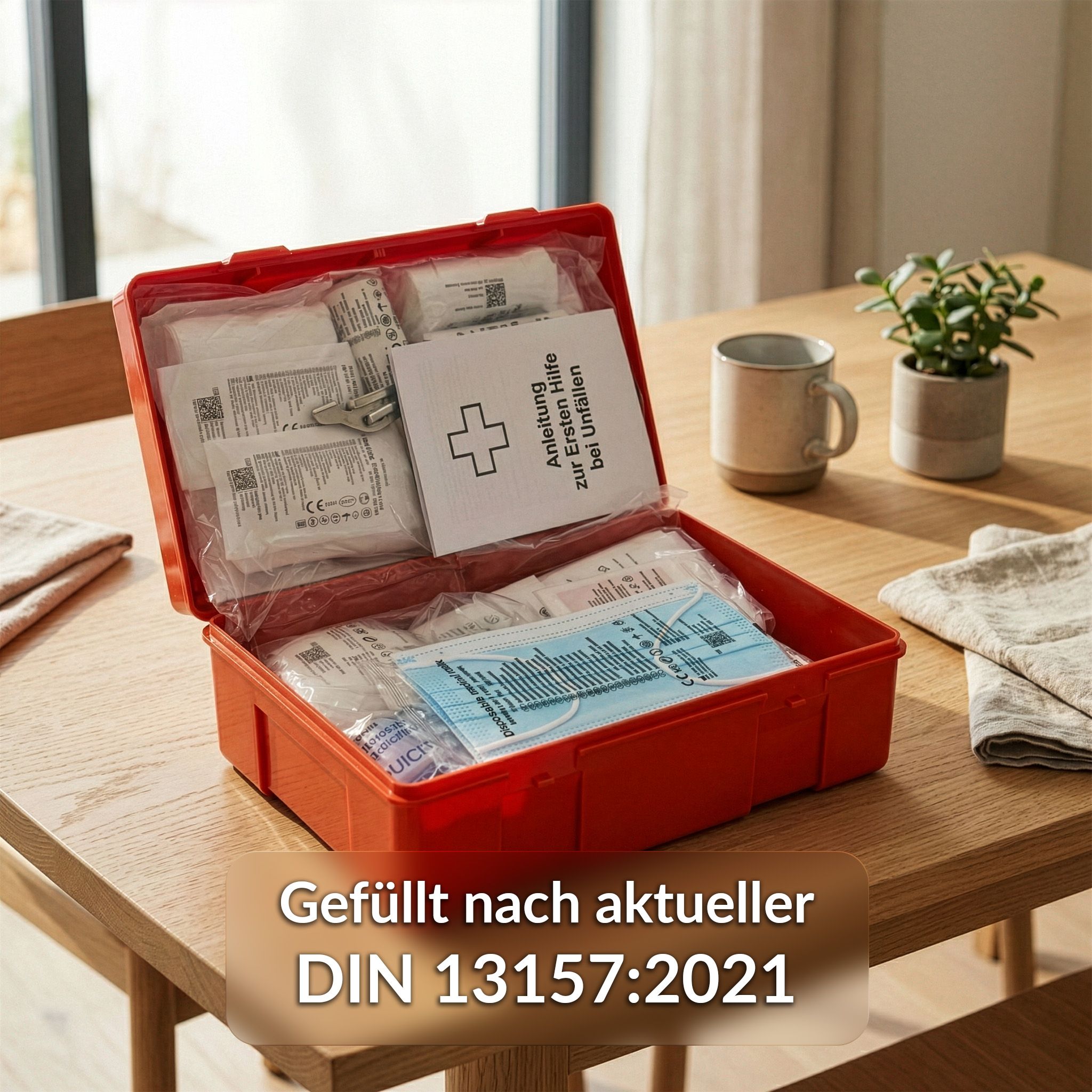 Roter Erste-Hilfe-Koffer, geöffnet, mit Inhalt. Auf einem Tisch. Aufschrift: Erste Hilfe/First Aid. Grünes Kreuz.