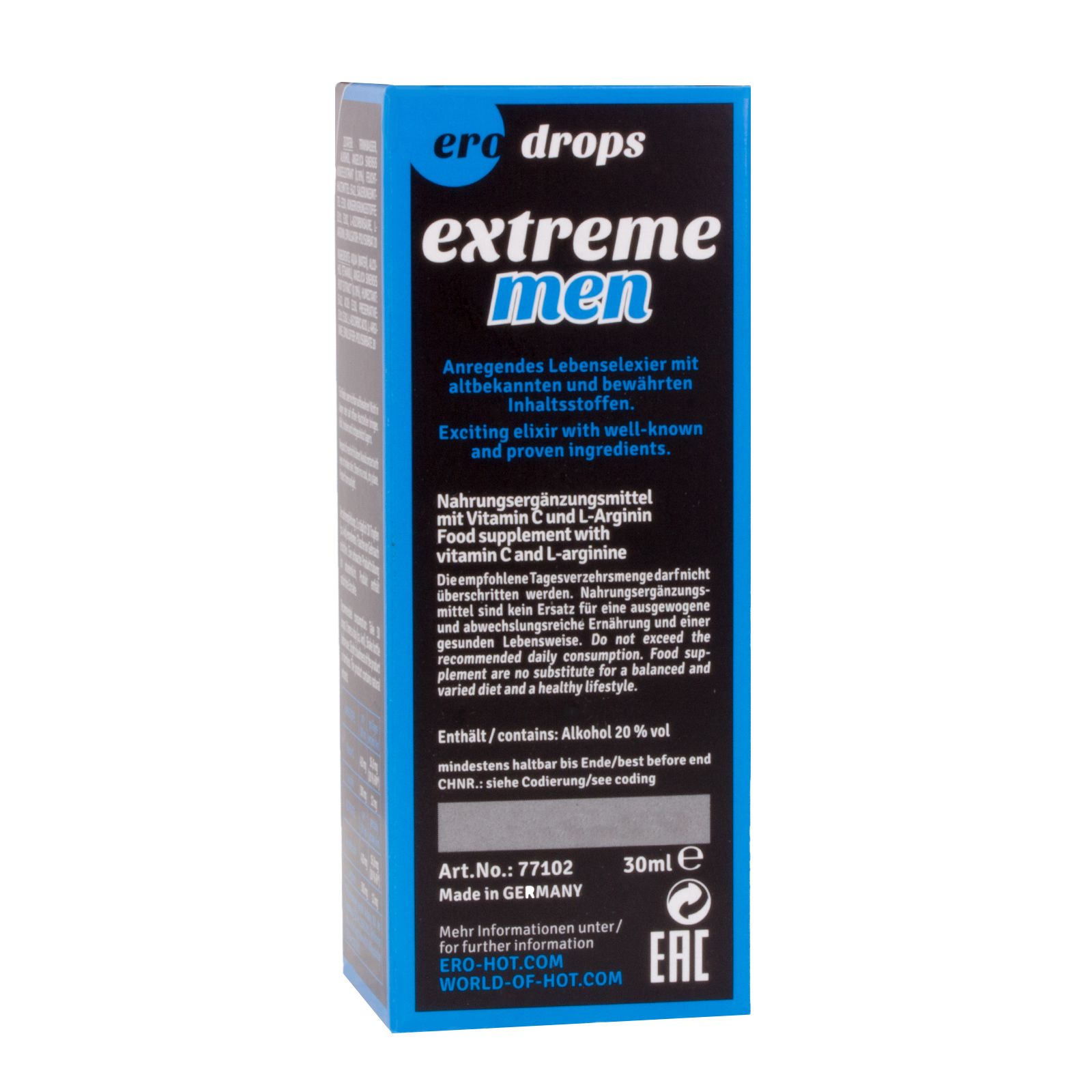 Blaue Schachtel mit Text. Enthält Informationen über das Produkt. Text auf Deutsch.