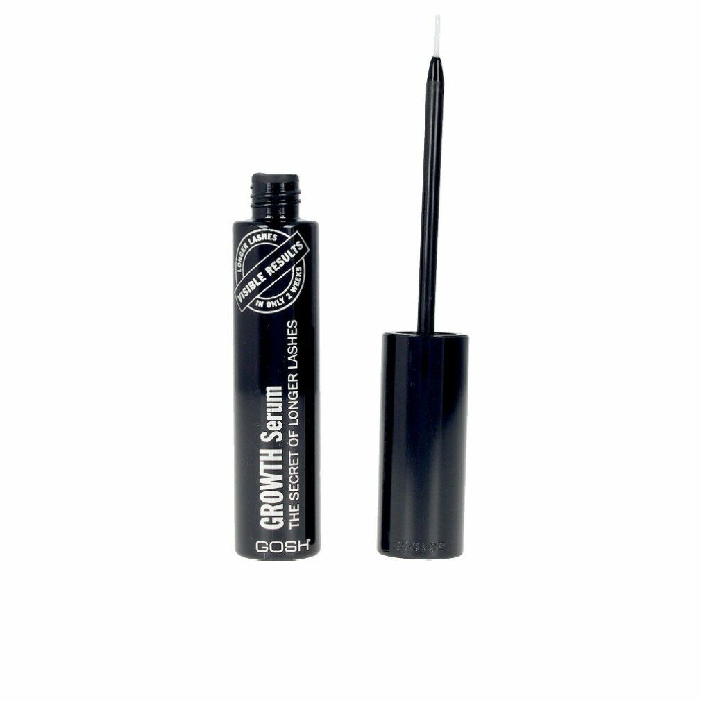 Schwarze Flasche mit Applikator. Aufschrift: Growth Serum, The Secret of Longer Lashes. Marke: GOSH. Sichtbare Ergebnisse in 2 Wochen.