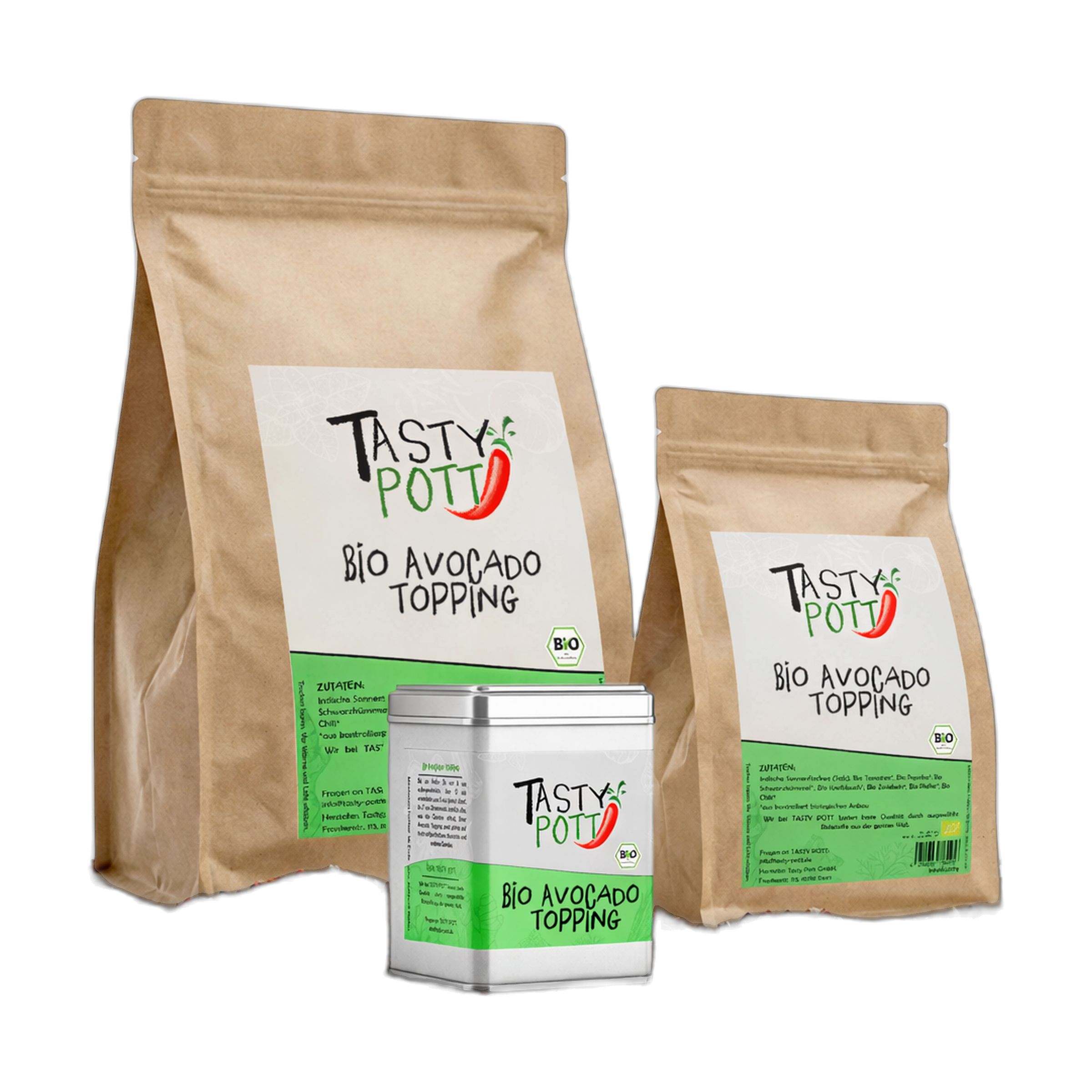Drei Packungen Tasty Pott Bio Avocado Topping: zwei braune Beutel und eine silberne Dose.