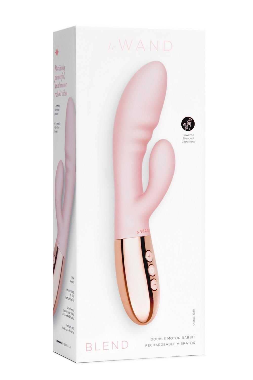 Verpackung mit rosa Vibrator. Goldfarbener Sockel, drei Knöpfe. Text: Blend, Double Motor Rabbit, Rechargeable Vibrator.