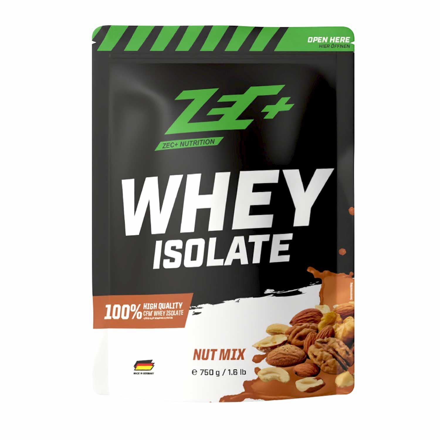ZEC+ Whey Isolate Nuss Mix. Schwarze Verpackung mit grünem Streifen. Text: Whey Isolate, Nuss Mix, 100% Whey Isolate. Nüsse abgebildet.