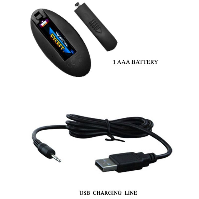 Schwarzes Bedienelement mit Batterie und USB-Ladekabel. Beschriftung: 1 AAA BATTERY und USB CHARGING LINE.