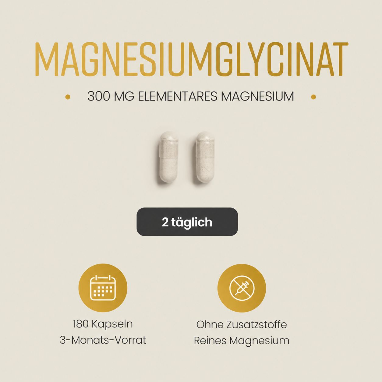 Magnesiumglycinat: 300 mg elementares Magnesium, 180 Kapseln, 3-Monats-Vorrat, ohne Zusatzstoffe.