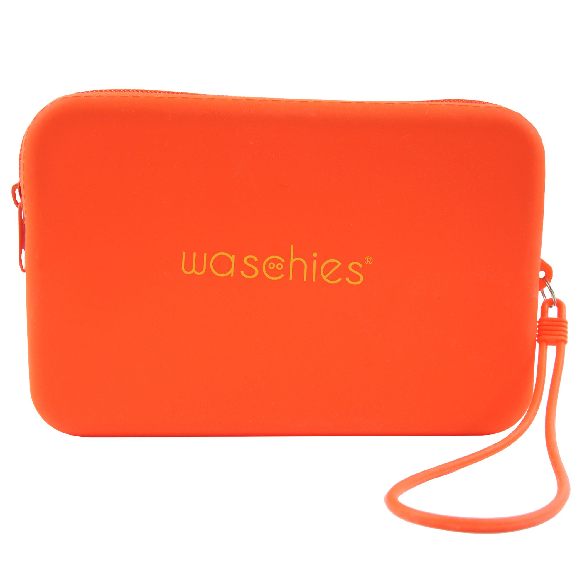 Neon-orangefarbene Tasche mit Reißverschluss und Handschlaufe. Aufschrift "waschies".