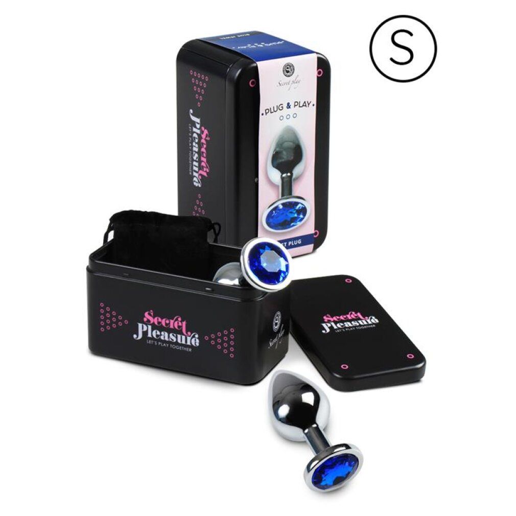 Ein Set mit einem Analplug mit blauem Stein, einer Aufbewahrungsbox und einer Geschenkverpackung.