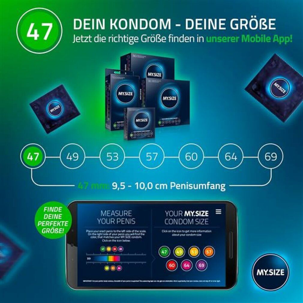 Smartphone mit MY.SIZE App. Zeigt Kondomgrößen. Verpackungen im Hintergrund. Größen: 47-69 mm. Aufdruck: MY.SIZE.