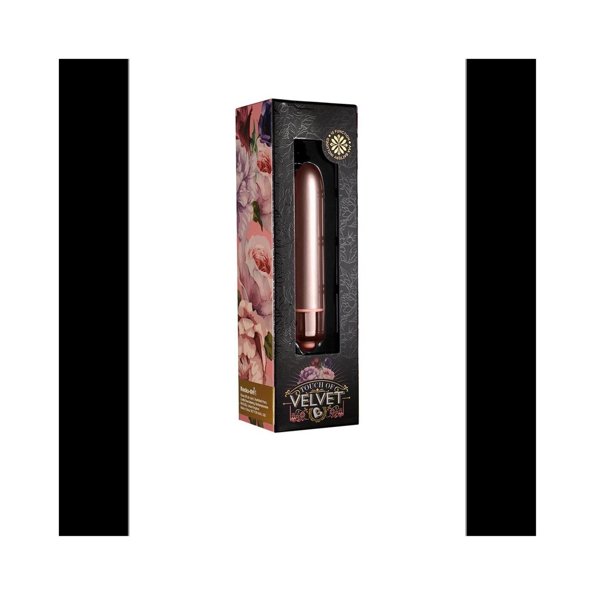 Produktverpackung mit floralem Design. Sichtbar: Vibrator in Roségold. Aufschrift: Touch of Velvet.