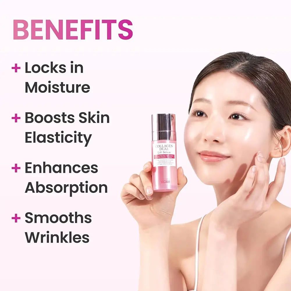Frau hält YADAH Collagen Dual Lift Serum Flasche, Vorteile werden aufgelistet.