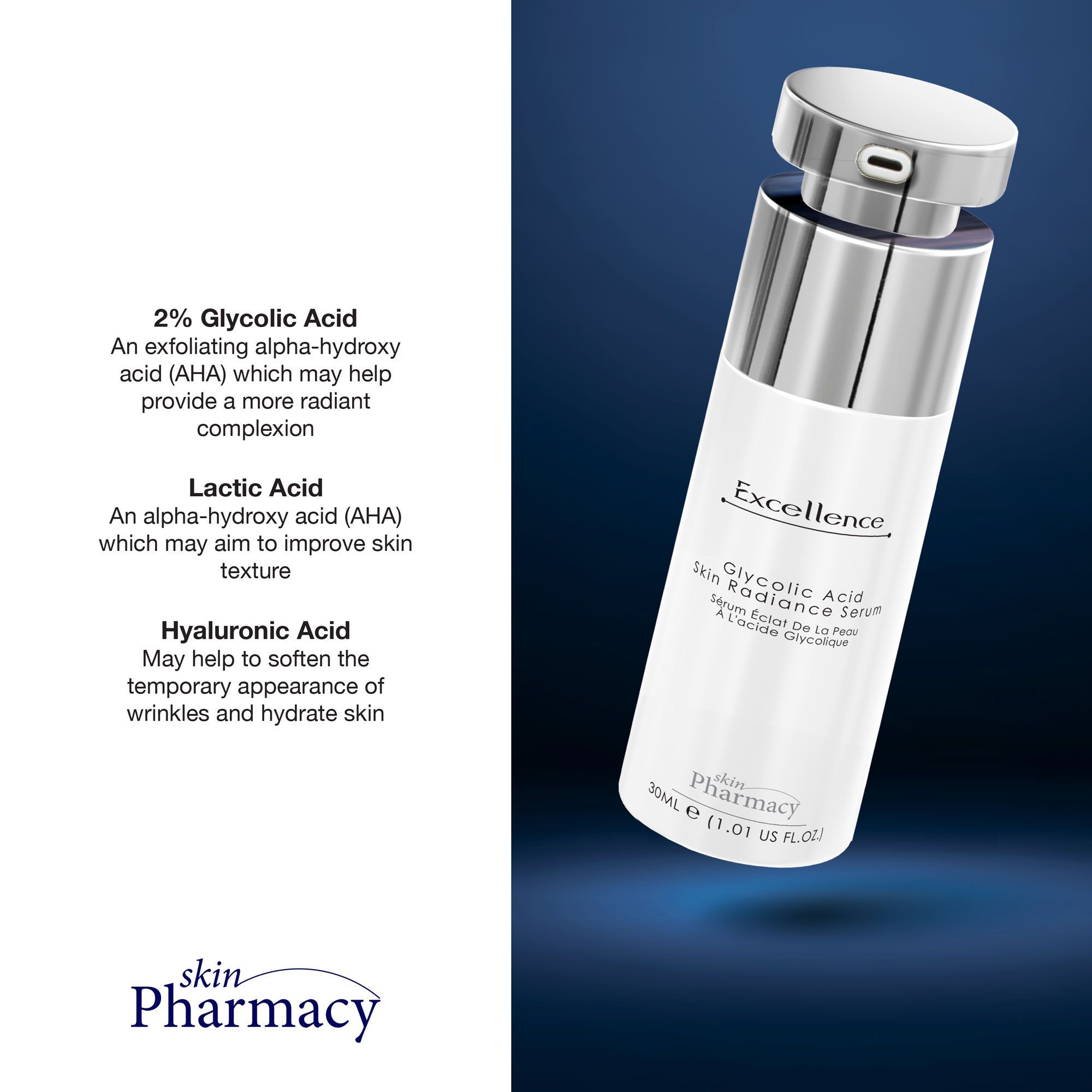Serum mit Text. Aufschrift: Excellence, Glykolsäure Skin Radiance Serum, skinPharmacy, 30ml. Inhaltsstoffe.