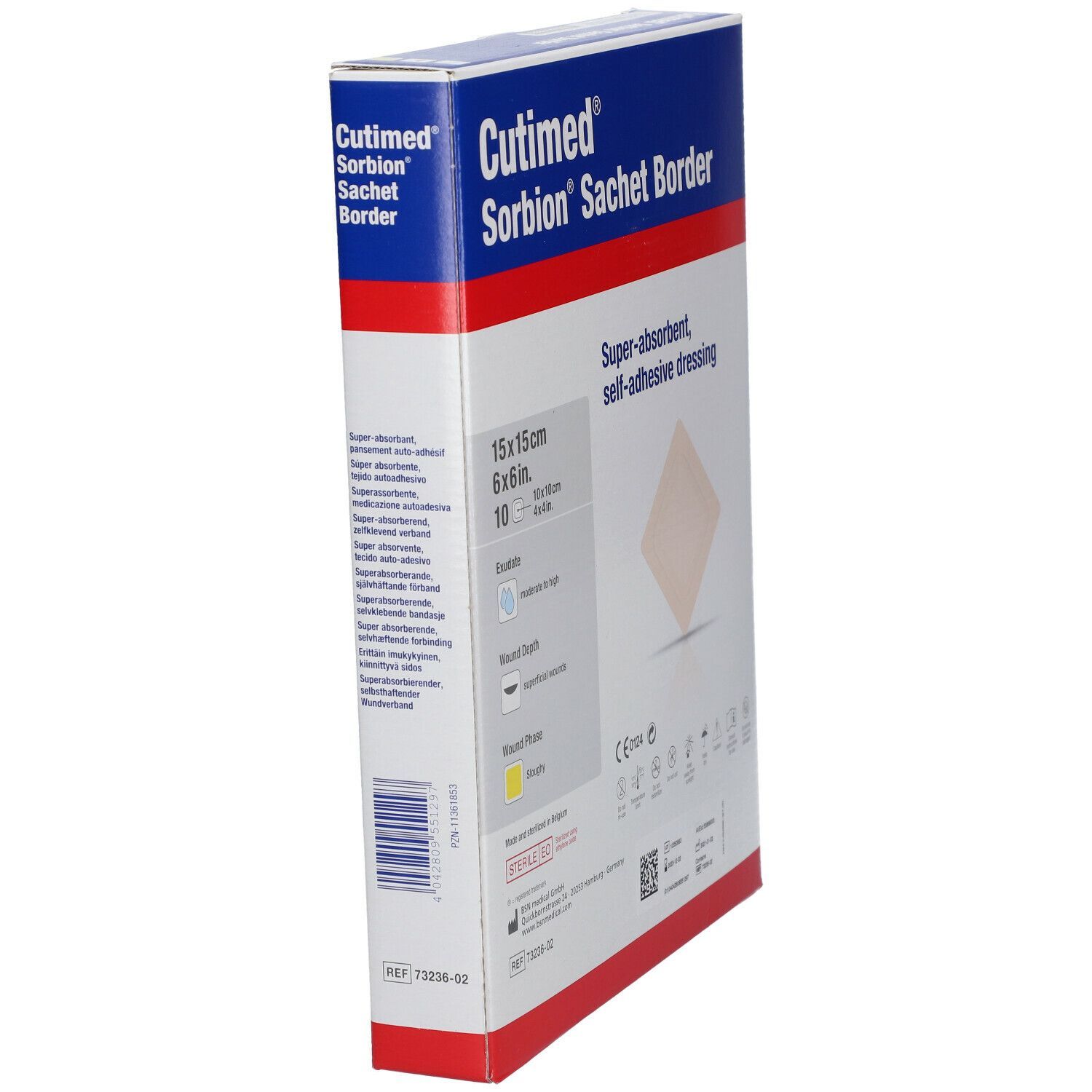 Cutimed Sorbion Sachet Border Verpackung. Box mit Produktabbildung und Informationen. BSN medical Logo. Größe: 15x15cm.